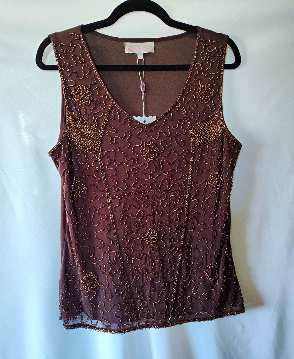 Pretty Angel S/M Brown Mesh Beaded Stretch Scoop Neck Sleeveless Tank Top